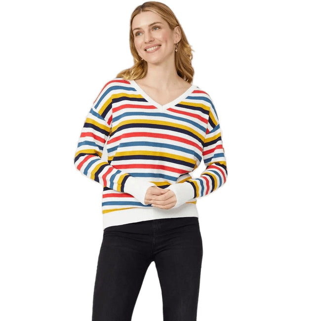 Ivory - Front - Mantaray Womens-Ladies Multi Stripe V Neck Sweater