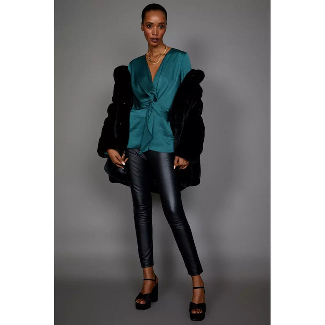 Teal - Side - Principles Womens-Ladies Satin Front Tie Blouse