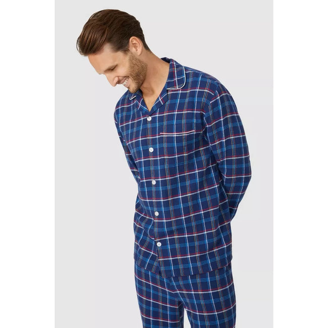 Blue - Side - Debenhams Mens Multi Check Brushed Twill Long Pyjama Set