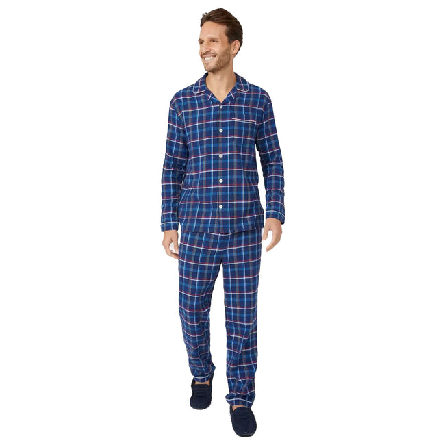 Blue - Front - Debenhams Mens Multi Check Brushed Twill Long Pyjama Set