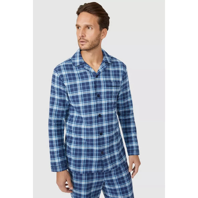 Blue - Side - Debenhams Mens Easy Checked Woven Long Pyjama Set