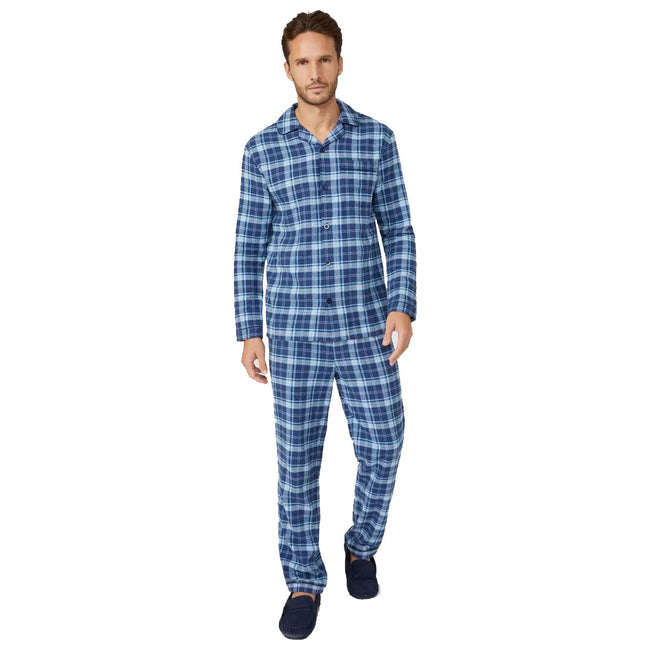 Blue - Front - Debenhams Mens Easy Checked Woven Long Pyjama Set