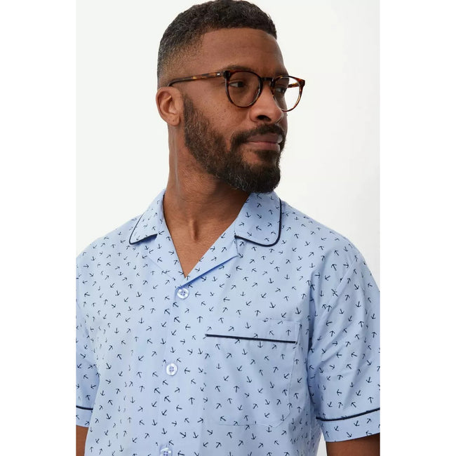 Blue - Side - Debenhams Mens Conversational Printed Woven Short Pyjama Set
