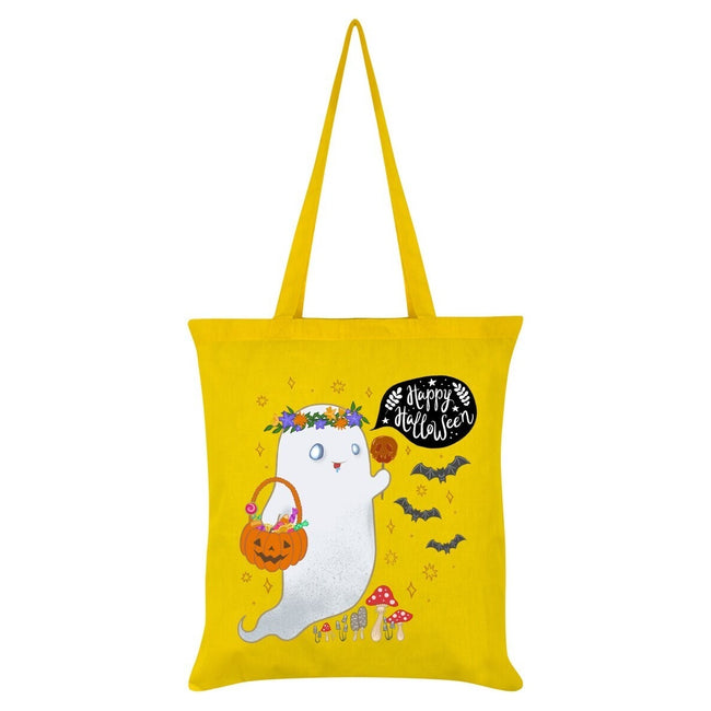 Yellow-White-Black - Front - Grindstore Happy Halloween Ghost Tote Bag