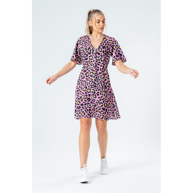 Pink-Black - Front - Hype Womens-Ladies Disco Leopard Dress