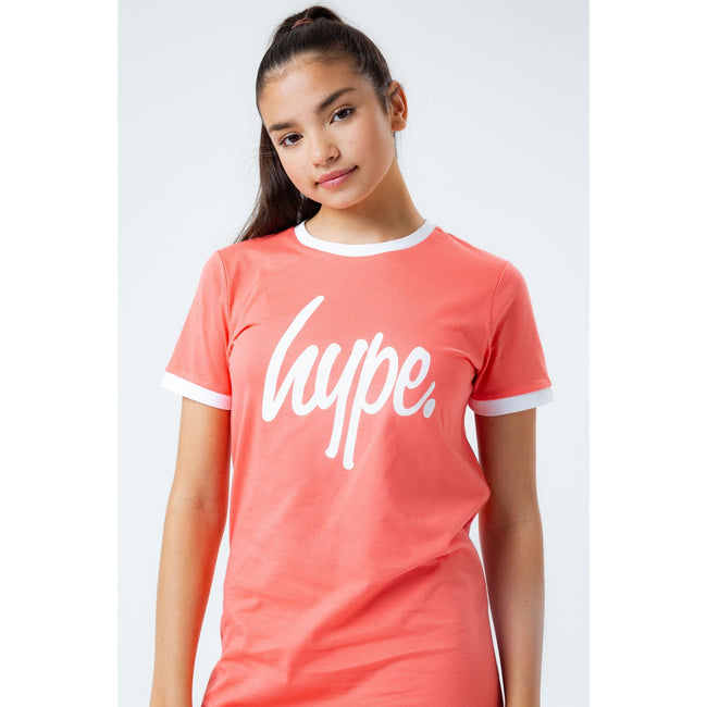 Coral-White - Side - Hype Girls Script T-Shirt Dress