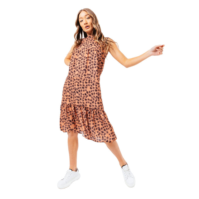 Terracotta Orange-Black - Front - Hype Womens-Ladies Scratch Flower Dress