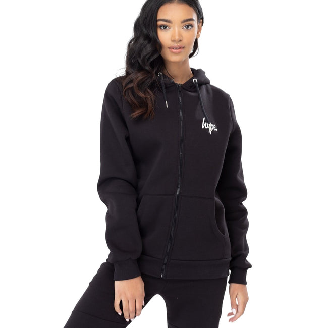 Black-White - Front - Hype Womens-Ladies Script Zip Hoodie