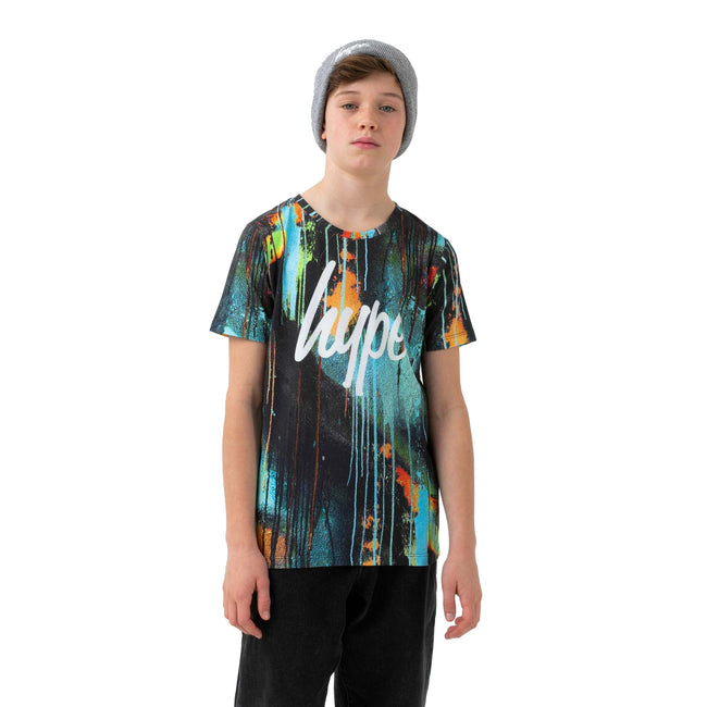 Turquoise-Black-White - Front - Hype Boys Spray Drips Script T-Shirt