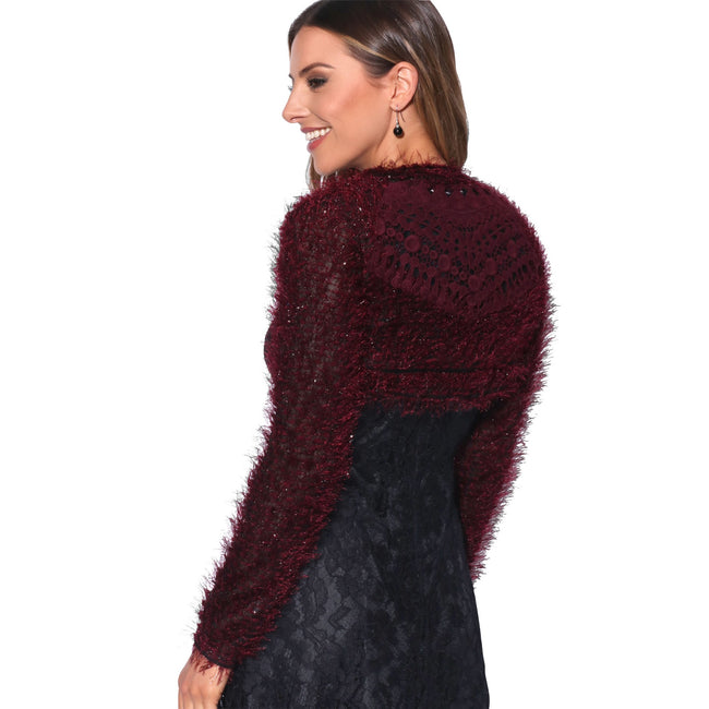 Red - Back - Lurex Eyelash Knitted Bolero