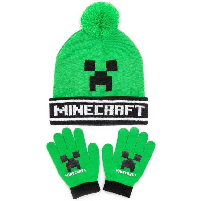 Green-Black - Front - Minecraft Creeper Hat And Gloves Set