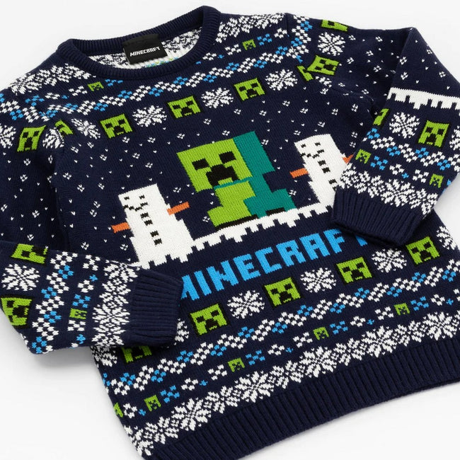 Navy - Close up - Minecraft Childrens-Kids Creeper Wool Christmas Sweater