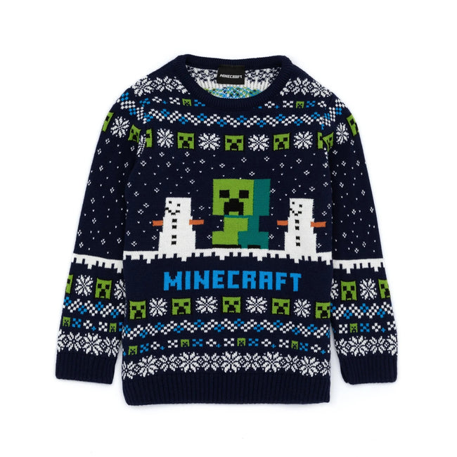 Navy - Front - Minecraft Childrens-Kids Creeper Wool Christmas Sweater