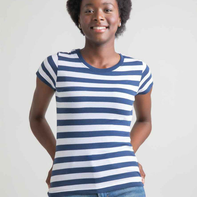 Classic Blue-White - Back - Mantis Womens-Ladies Striped T-Shirt