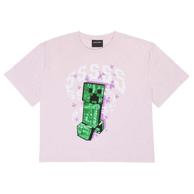 Charcoal-White - Front - Minecraft Girls Ssss Creeper Crop Top