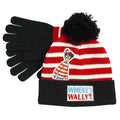 Black-Red-White - Front - Wheres Wally? Boys Striped Beanie & Gloves Set