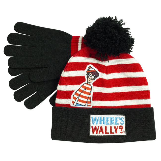 Black-Red-White - Front - Wheres Wally? Boys Striped Beanie & Gloves Set