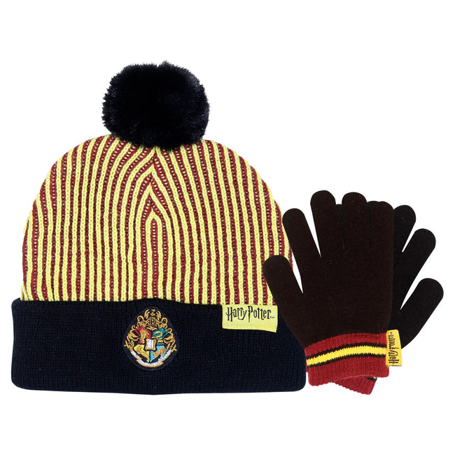 Black-Yellow-Red - Front - Harry Potter Boys Hogwarts Crest Beanie & Gloves Set