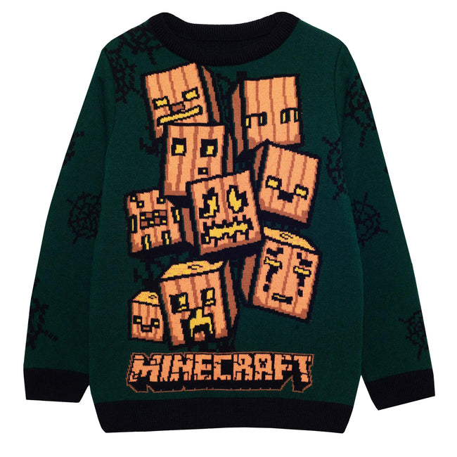 Forest Green-Brown - Front - Minecraft Boys Creeper Pumpkin Knitted Sweater
