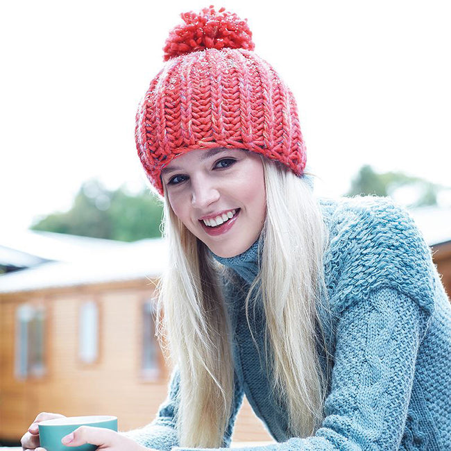 Coral Sunset - Front - Beechfield Womens-Ladies Aurora Pom Pom Beanie Hat