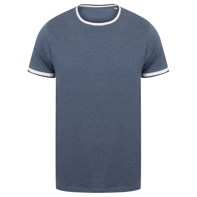 Blue Marl-White - Front - Front Row Mens Tag Free Tipped Tee