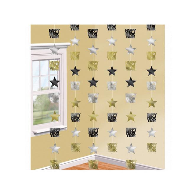 Black-Gold-Silver - Front - Amscan Happy New Year String Decorations (Pack Of 6)