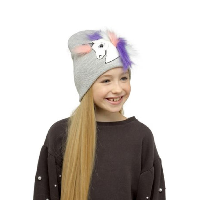 Gray - Front - Girls Unicorn Beanie