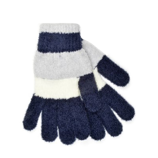 Gray-Navy-White - Front - Womens-Ladies Striped Chenille Gloves